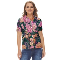 Retro Botanical Flowers Women s Short Sleeve Double Pocket Shirt