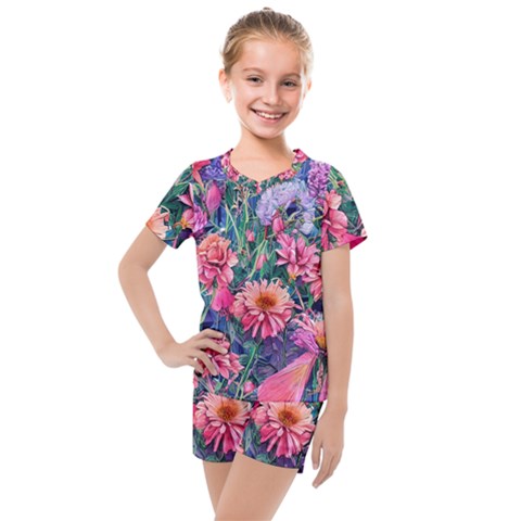 Retro Floral Kids  Mesh Tee And Shorts Set by GardenOfOphir