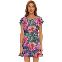 Retro Floral Puff Sleeve Frill Dress by GardenOfOphir