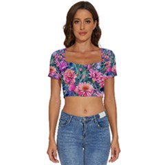 Retro Floral Short Sleeve Square Neckline Crop Top  by GardenOfOphir