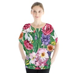 Vintage Tropical Flowers Batwing Chiffon Blouse