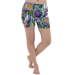 Watercolor Tropical Flowers Lightweight Velour Yoga Shorts