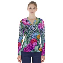 Cottagecore Tropical Flowers V-neck Long Sleeve Top