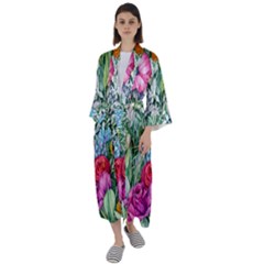 Cottagecore Tropical Flowers Maxi Satin Kimono by GardenOfOphir