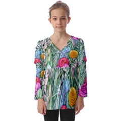 Cottagecore Tropical Flowers Kids  V Neck Casual Top by GardenOfOphir