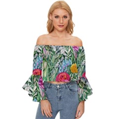 Cottagecore Tropical Flowers Off Shoulder Flutter Bell Sleeve Top by GardenOfOphir