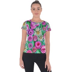 Tropical Flowers Pattern Short Sleeve Sports Top  by GardenOfOphir