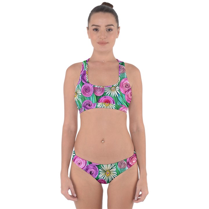 Tropical Flowers Pattern Cross Back Hipster Bikini Set