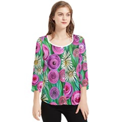 Tropical Flowers Pattern Chiffon Quarter Sleeve Blouse