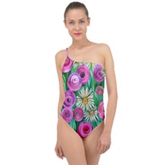 Tropical Flowers Pattern Classic One Shoulder Swimsuit by GardenOfOphir