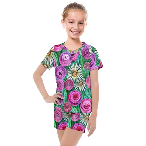 Tropical Flowers Pattern Kids  Mesh Tee And Shorts Set by GardenOfOphir