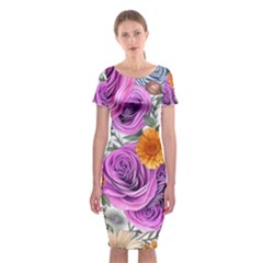 Country-chic Watercolor Flowers Classic Short Sleeve Midi Dress by GardenOfOphir