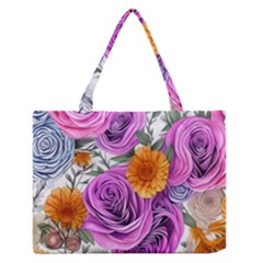 Country-chic Watercolor Flowers Zipper Medium Tote Bag by GardenOfOphir