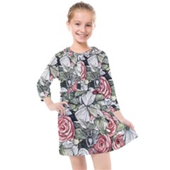 Retro Topical Botanical Flowers Kids  Quarter Sleeve Shirt Dress by GardenOfOphir