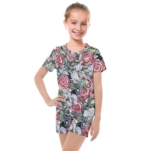 Retro Topical Botanical Flowers Kids  Mesh Tee And Shorts Set by GardenOfOphir