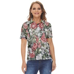 Retro Topical Botanical Flowers Women s Short Sleeve Double Pocket Shirt