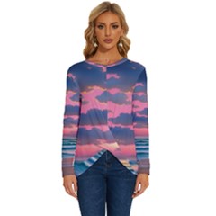 Sunset Over The Beach Long Sleeve Crew Neck Pullover Top by GardenOfOphir