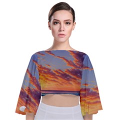 Summer Sunset Over Beach Tie Back Butterfly Sleeve Chiffon Top