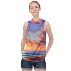 Summer Sunset Over Beach High Neck Satin Top by GardenOfOphir