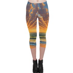 Waves At Sunset Capri Leggings  by GardenOfOphir