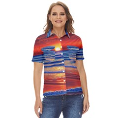 Golden Sunset Over Beach Women s Short Sleeve Double Pocket Shirt