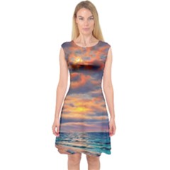 Serene Sunset Over Beach Capsleeve Midi Dress