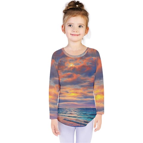 Serene Sunset Over Beach Kids  Long Sleeve Tee by GardenOfOphir