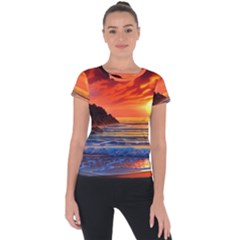 Reflecting Sunset Over Beach Short Sleeve Sports Top  by GardenOfOphir