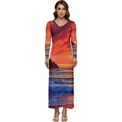 Reflecting Sunset Over Beach Long Sleeve Longline Maxi Dress by GardenOfOphir
