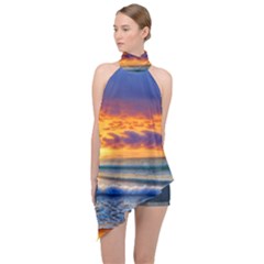 Summer Sunset Over The Ocean Halter Asymmetric Satin Top by GardenOfOphir