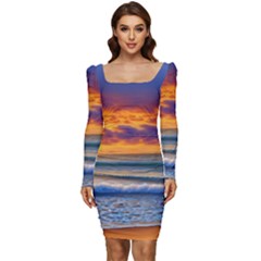 Summer Sunset Over The Ocean Women Long Sleeve Ruched Stretch Jersey Dress