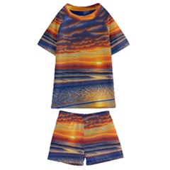 Nature s Sunset Over Beach Kids  Swim Tee And Shorts Set by GardenOfOphir