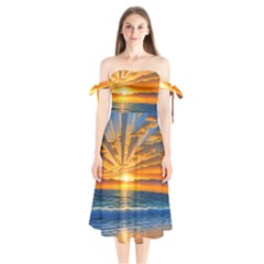 Sunset Scenic View Photography Shoulder Tie Bardot Midi Dress by GardenOfOphir