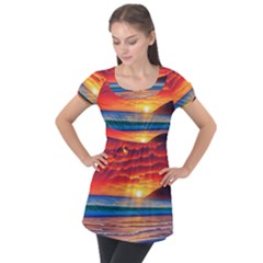 Sunset Over The Ocean Puff Sleeve Tunic Top by GardenOfOphir