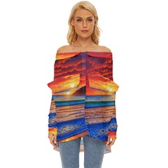 Sunset Over The Ocean Off Shoulder Chiffon Pocket Shirt