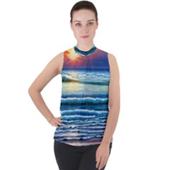 Sunset Beach Waves Mock Neck Chiffon Sleeveless Top by GardenOfOphir