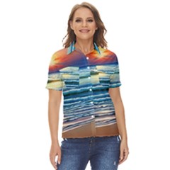 Sunset Beach Waves Women s Short Sleeve Double Pocket Shirt