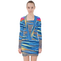 Waves Crashing On The Shore V-neck Bodycon Long Sleeve Dress by GardenOfOphir