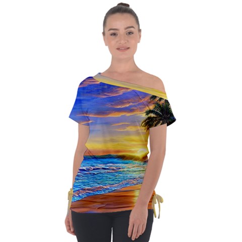 Sunrise At The Beach Off Shoulder Tie-up Tee by GardenOfOphir