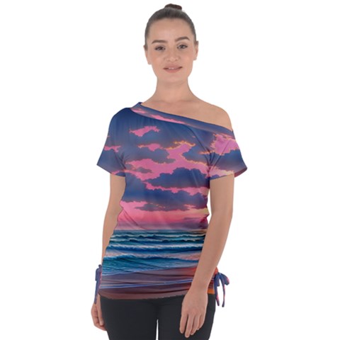 Sunset Over The Beach Off Shoulder Tie-up Tee by GardenOfOphir