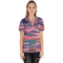 Sunset Over The Beach Women s V-neck Scrub Top by GardenOfOphir