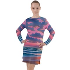 Sunset Over The Beach Long Sleeve Hoodie Dress by GardenOfOphir