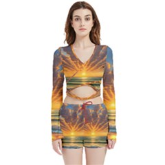 Waves At Sunset Velvet Wrap Crop Top And Shorts Set by GardenOfOphir