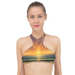 Waves At Sunset High Neck Bikini Top by GardenOfOphir