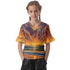 Waves At Sunset Kids  V-neck Horn Sleeve Blouse by GardenOfOphir