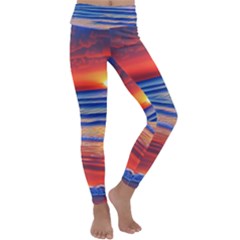 Golden Sunset Over Beach Kids  Lightweight Velour Classic Yoga Leggings by GardenOfOphir