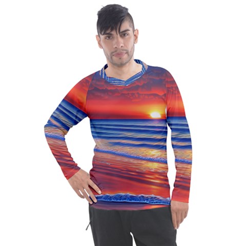 Golden Sunset Over Beach Men s Pique Long Sleeve Tee by GardenOfOphir