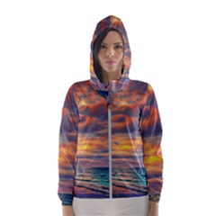 Serene Sunset Over Beach Women s Hooded Windbreaker by GardenOfOphir