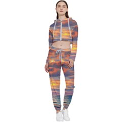 Serene Sunset Over Beach Cropped Zip Up Lounge Set