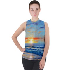 Reflecting On A Perfect Day Mock Neck Chiffon Sleeveless Top by GardenOfOphir